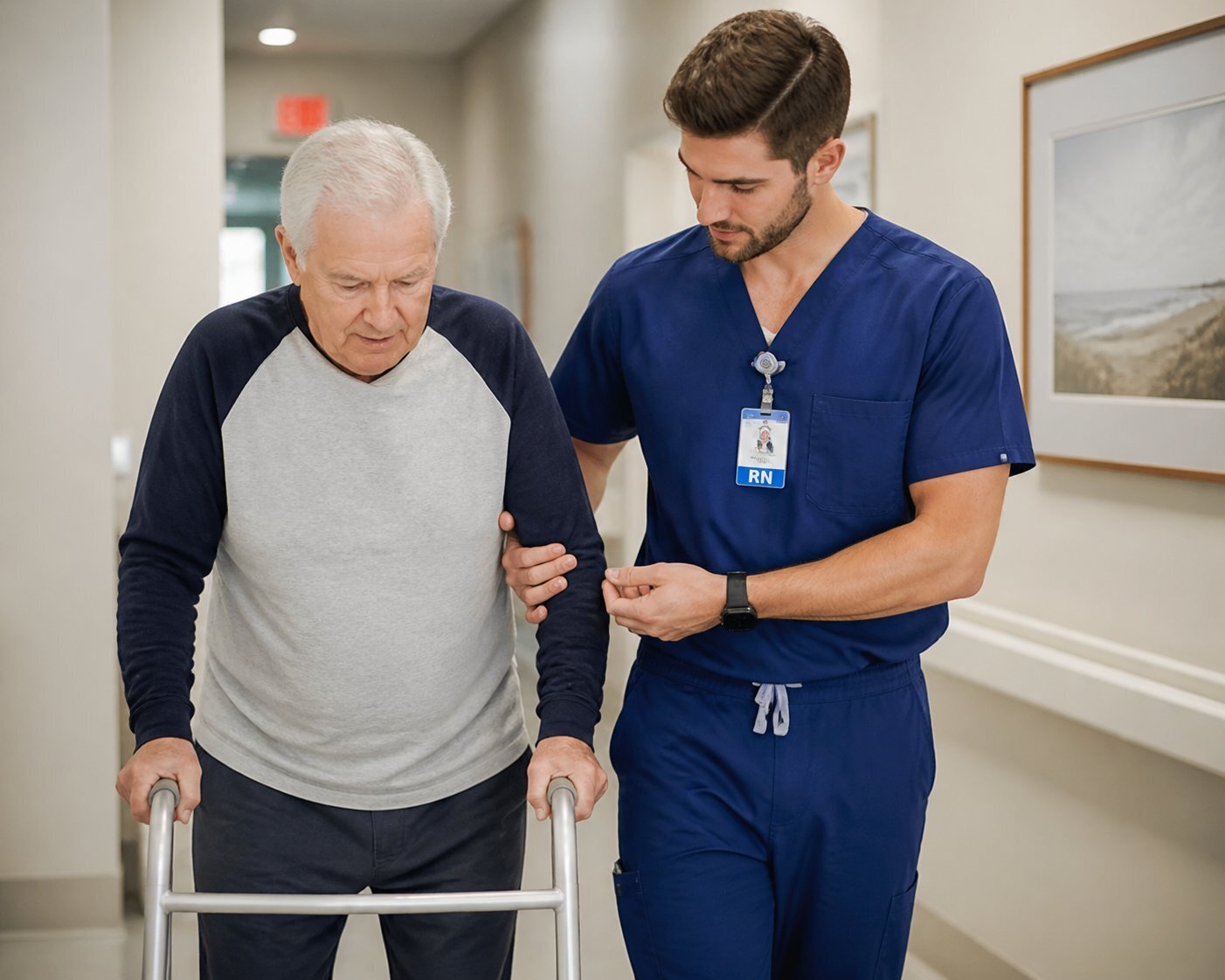 A nurse supporting an older man as he practices walking with a mobility aid.