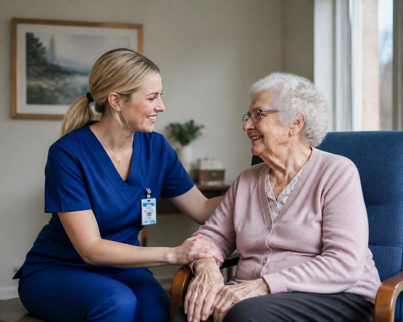 A care team member smiling and talking with an older woman seated by a window.
