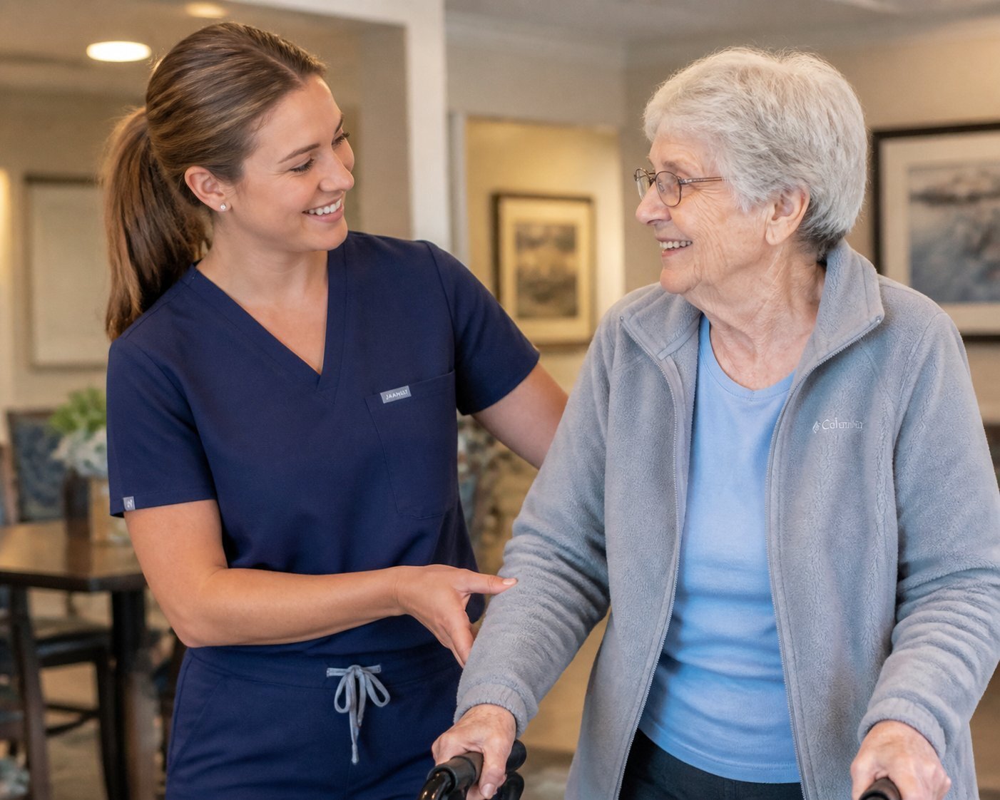A care team member smiling with an older woman as she walks with a mobility aid.