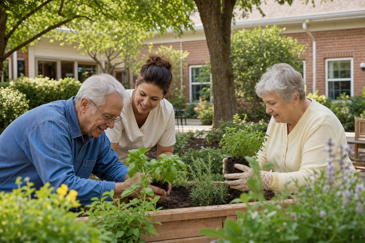 Older adults and a team member enjoying a garden activity outdoors.