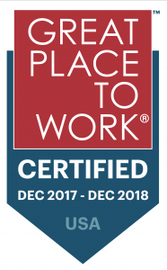Great Place to Work Certified, December 2017 to December 2018, USA badge.