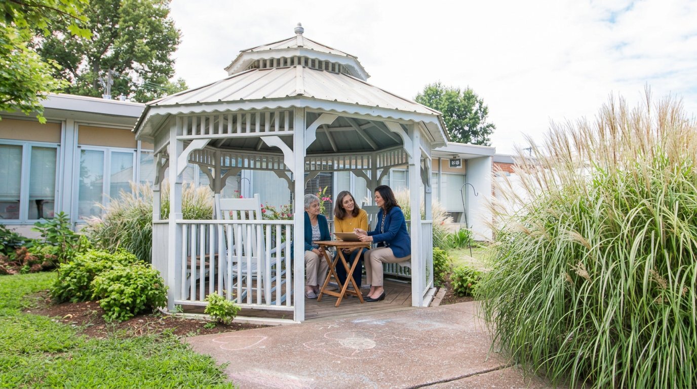 The landscaped courtyard and white gazebo at Danville Centre.