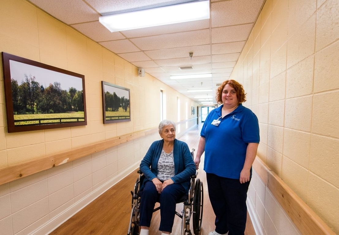 A Danville Centre team member walking with an older woman in a wheelchair through a bright hallway.