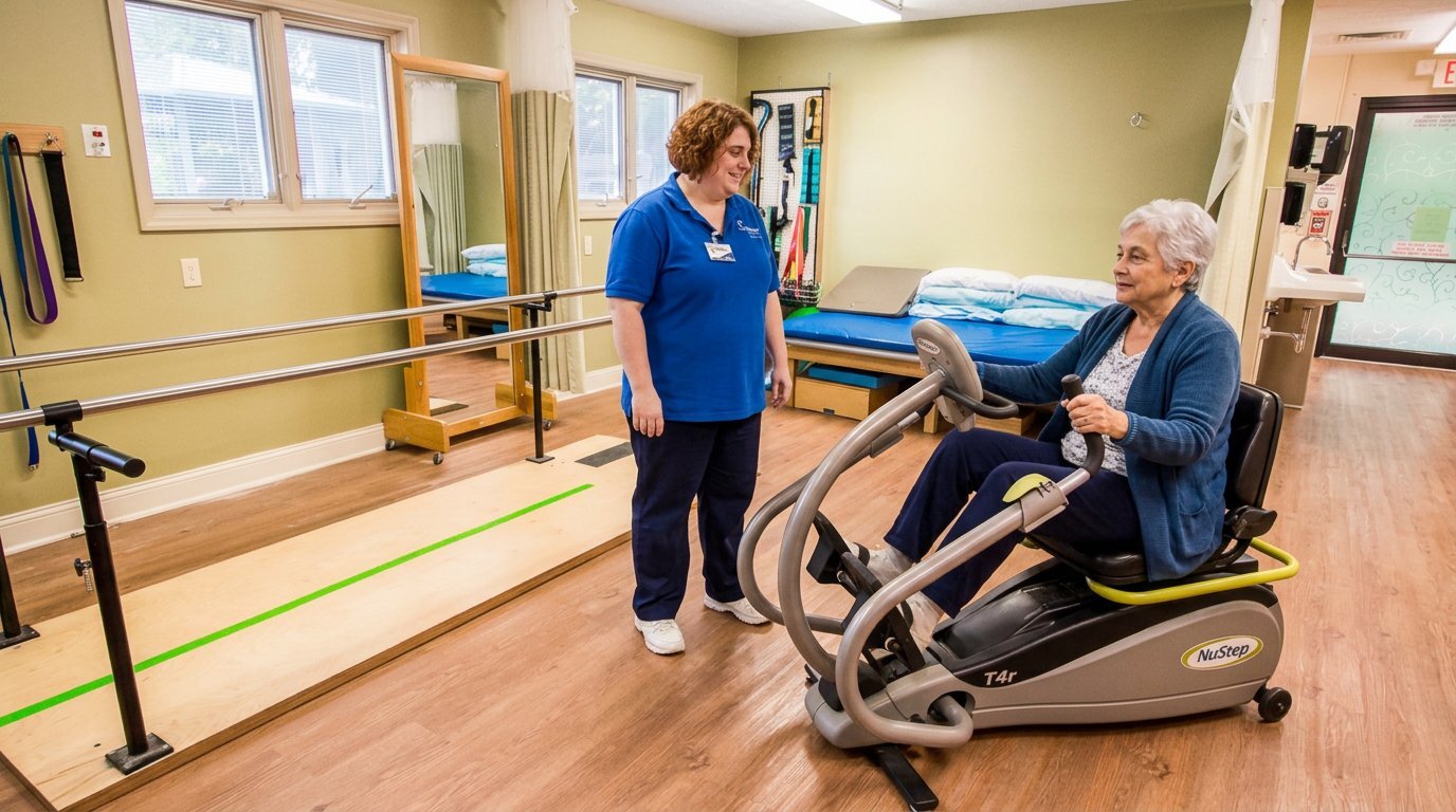 A Danville Centre team member stands beside an older adult using rehabilitation equipment in the training room.