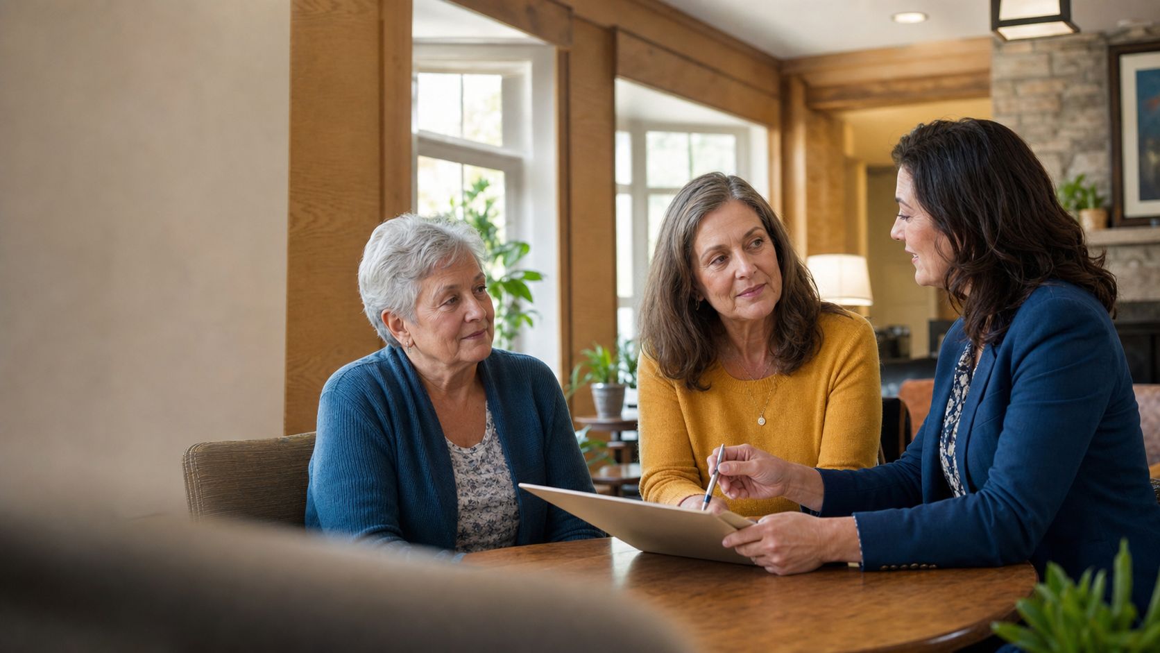 An older woman and family member speaking with a care team member holding a clipboard.