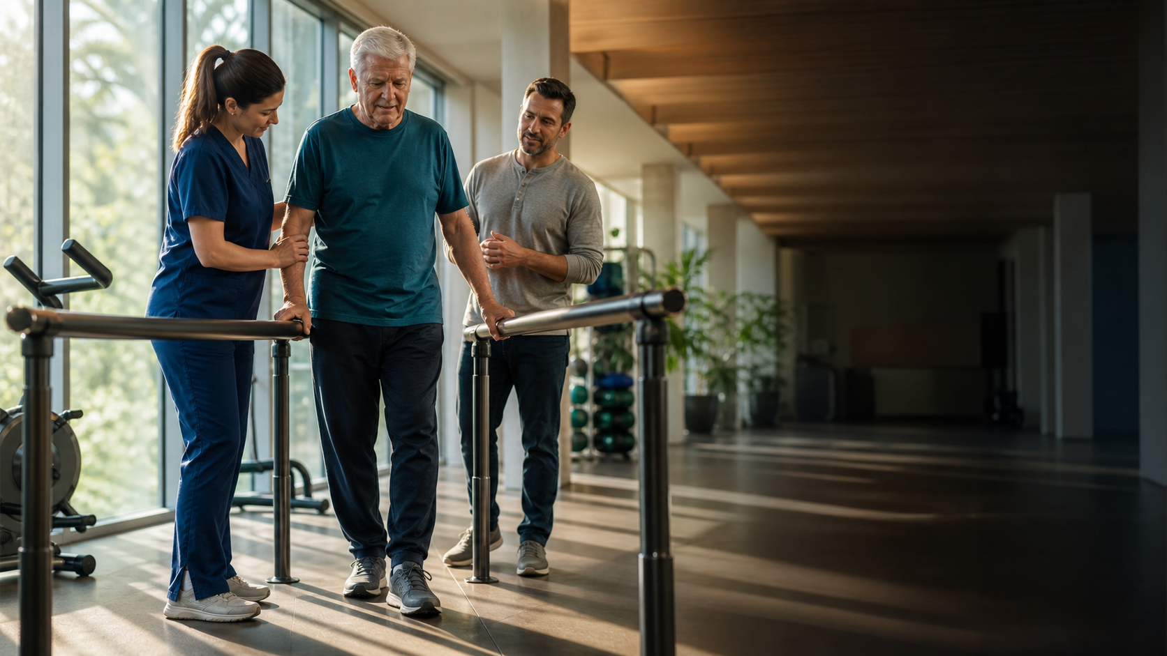 An older adult practicing mobility with support from a care team member and family member.